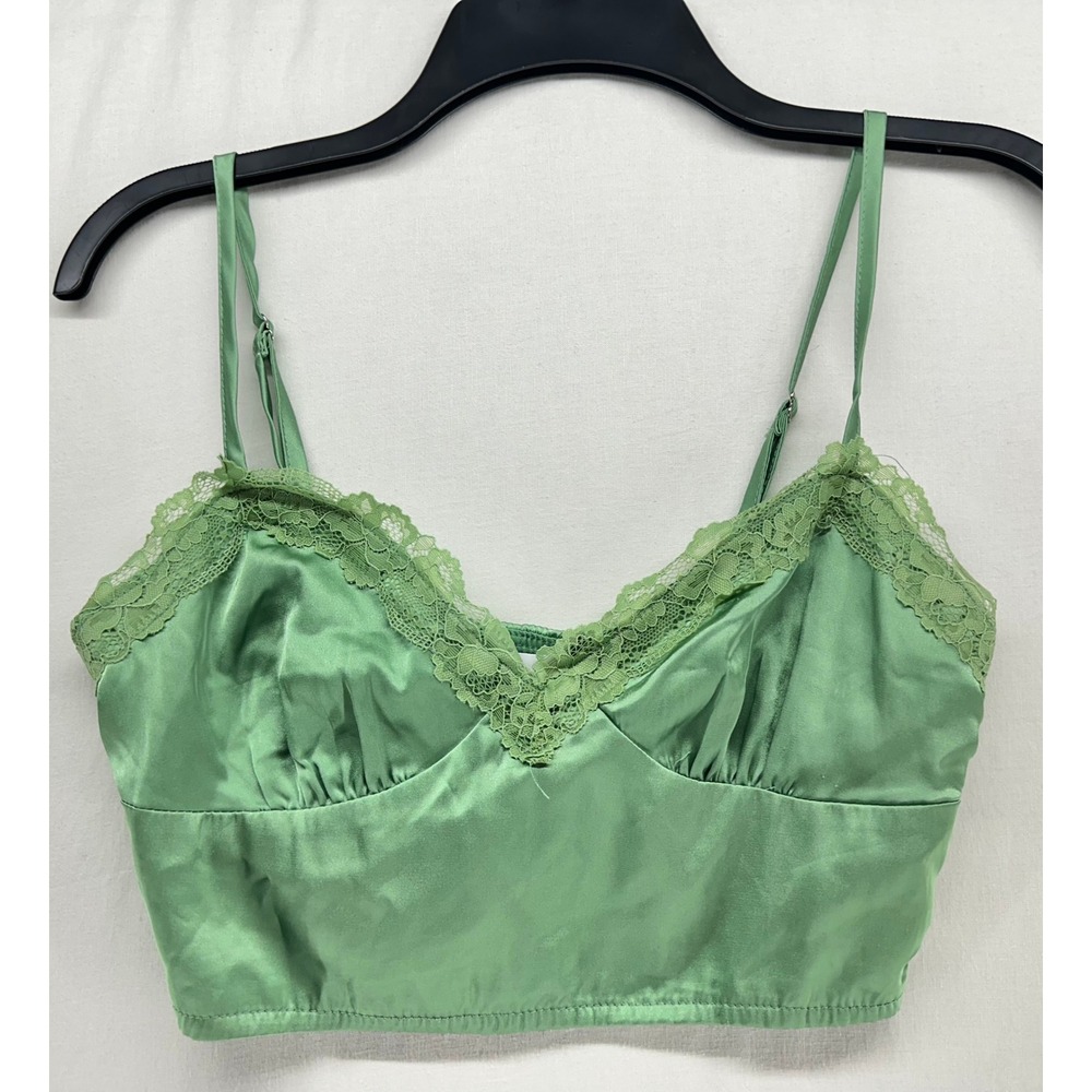 Hello Molly Sage Green Satin Lace Trim Crop Top Cami Tank S US 4
